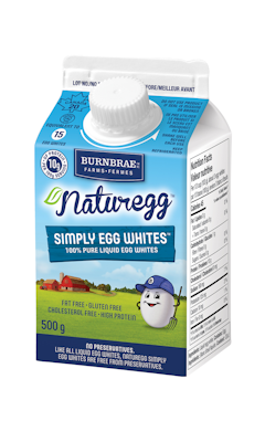 Naturegg Simply Egg Whites are pasteurized and made from 100% pure egg whites. Egg whites have absolutely no fat or cholesterol, but are still a source of 3 vitamins and minerals and packed with high-quality protein.