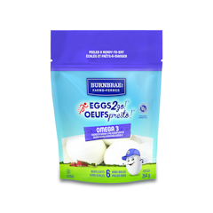 Burnbrae Farms Naturegg Omega 3 shell eggs, hard cooked and peeled for you – it’s the ultimate in nutrition and convenience. Available in a single-serve 2-pack format in the deli section. Main Benefits Source of omega-3 polyunsaturates 70 mg of DHA omega-3 per single egg serving Excellent source of protein – 12 g per 2 medium egg serving Excellent source of vitamin E Excellent source of vitamin B12 Produced by hens fed an all-natural, flax-based diet Premium quality and freshness
