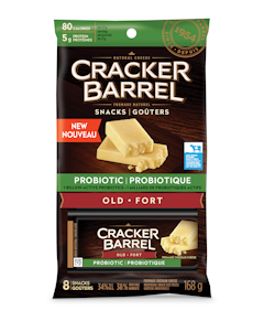 NEW! CRACKER BARREL PROBIOTIC SNACKS The classic Cheddar taste you love, now with 1 billion active probiotics!