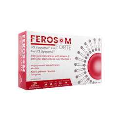 Ferosom Forte’s capsules are formulated with Vitamin C and effectively treat iron deficiency anemia without the side effects. Its liposomal form and proprietary LCE Coat™ provide superior absorption rates similar to certain doses of IV iron and skip the stomach breakdown, going right to your intestine. That means no stomach pain, nausea, or constipation.