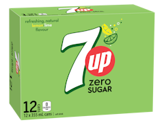 7UP® Zero Sugar is a refreshing lemon-lime carbonated soft drink with zero calories per can. It is a clear, caffeine free beverage made with real lemon and lime flavour. This 12-pack of 355 mL cans is perfect for sharing with friends and family.