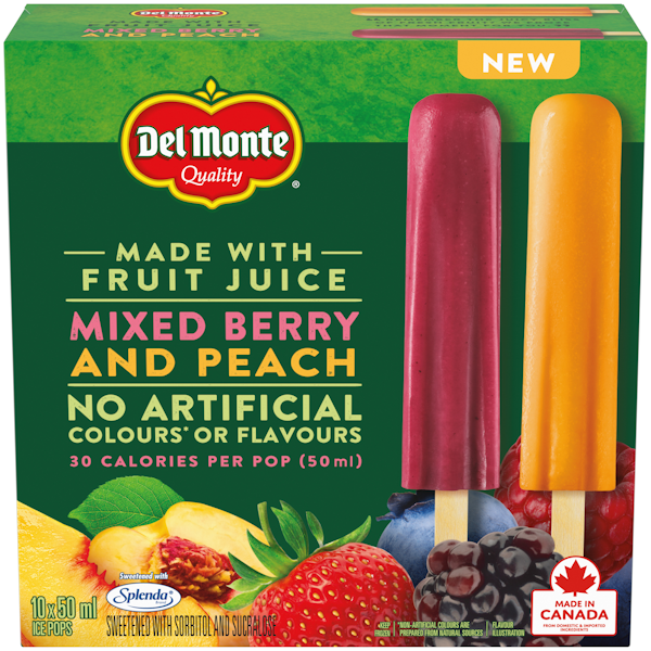 Introducing NEW Del Monte® Frozen Fruit Bars. Enjoy the refreshing taste of real fruit, with calories between 30-70 per 50ml bar and no artificial colours or flavours! Available in 5 new flavours: Strawberry, Berries and Cream, Mixed Berry and Peach, Banana ½ Dipped Chocolate and Mango.